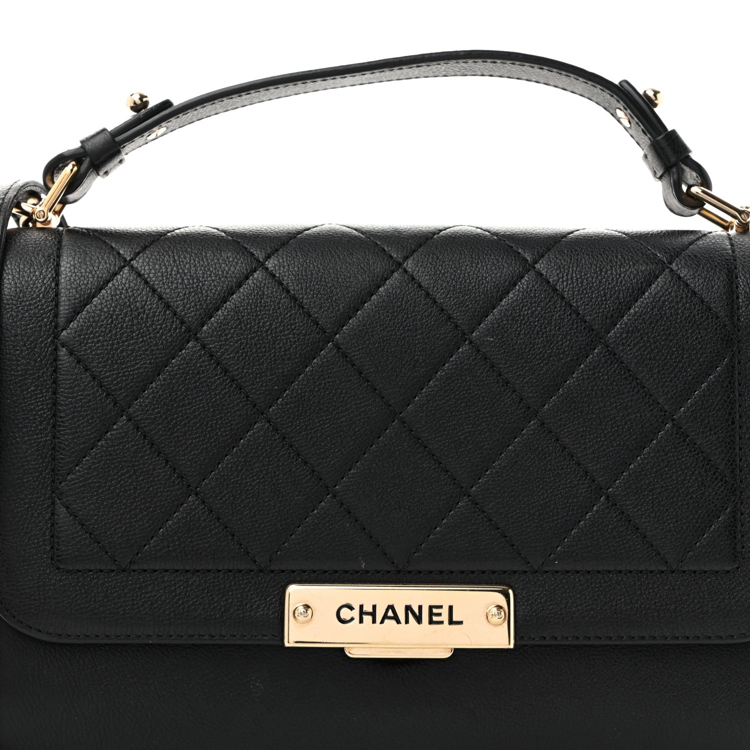 Grained Calfskin Quilted Medium Label Click Flap Bag Black