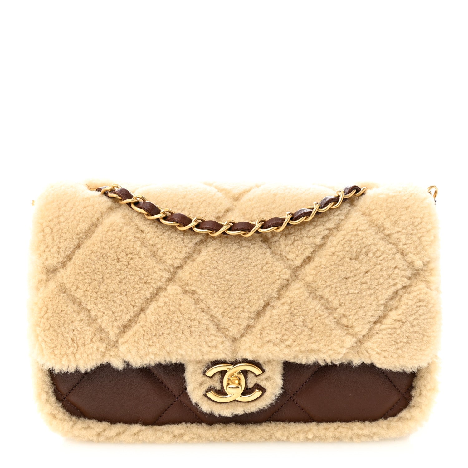 Shearling Lambskin Quilted Furry Coco Flap Beige Dark Brown