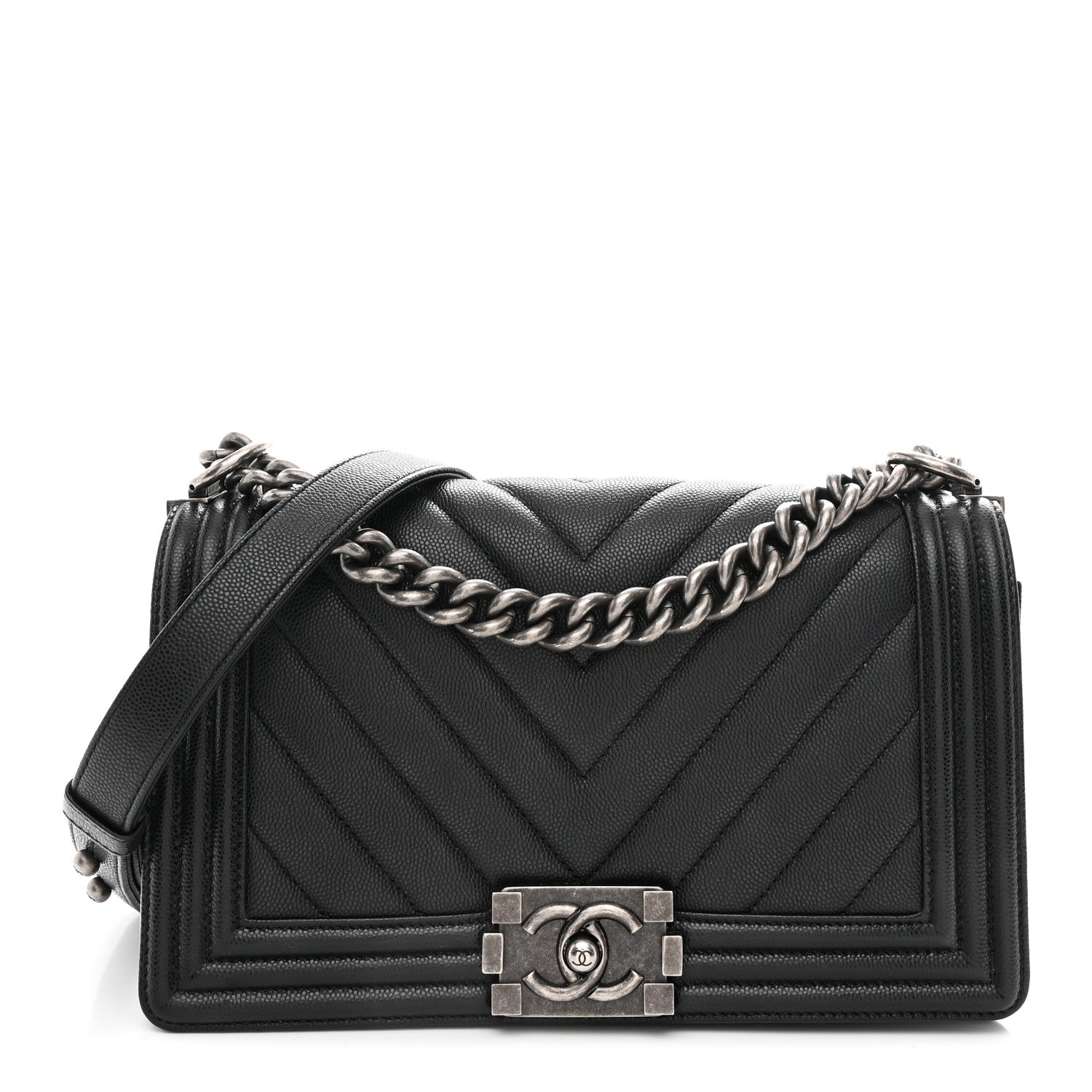 Caviar Chevron Quilted Medium Boy Flap Black