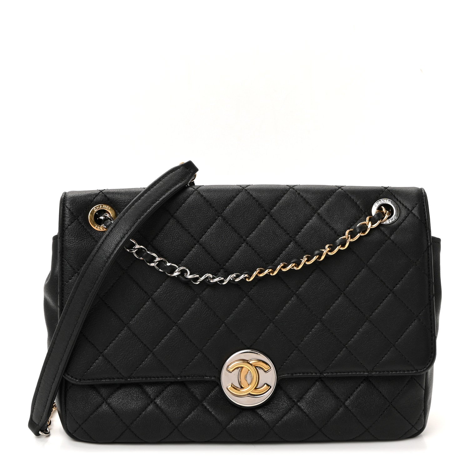 Calfskin Quilted Turn And Lock Flap Bag Black