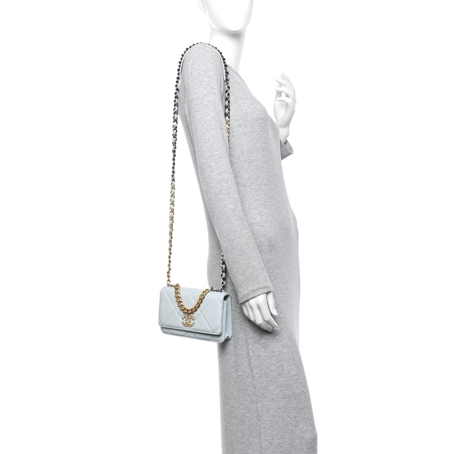 Lambskin Quilted Chanel 19 Wallet On Chain WOC Light Blue
