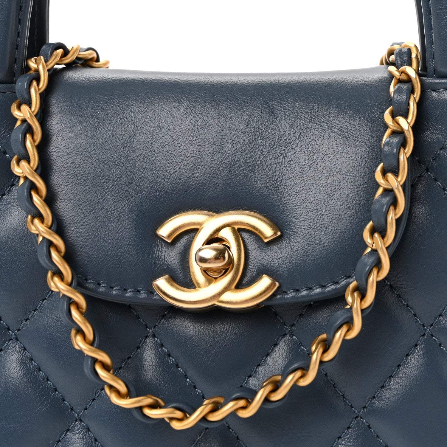 Shiny Aged Calfskin Quilted Nano Kelly Shopper Dark Blue
