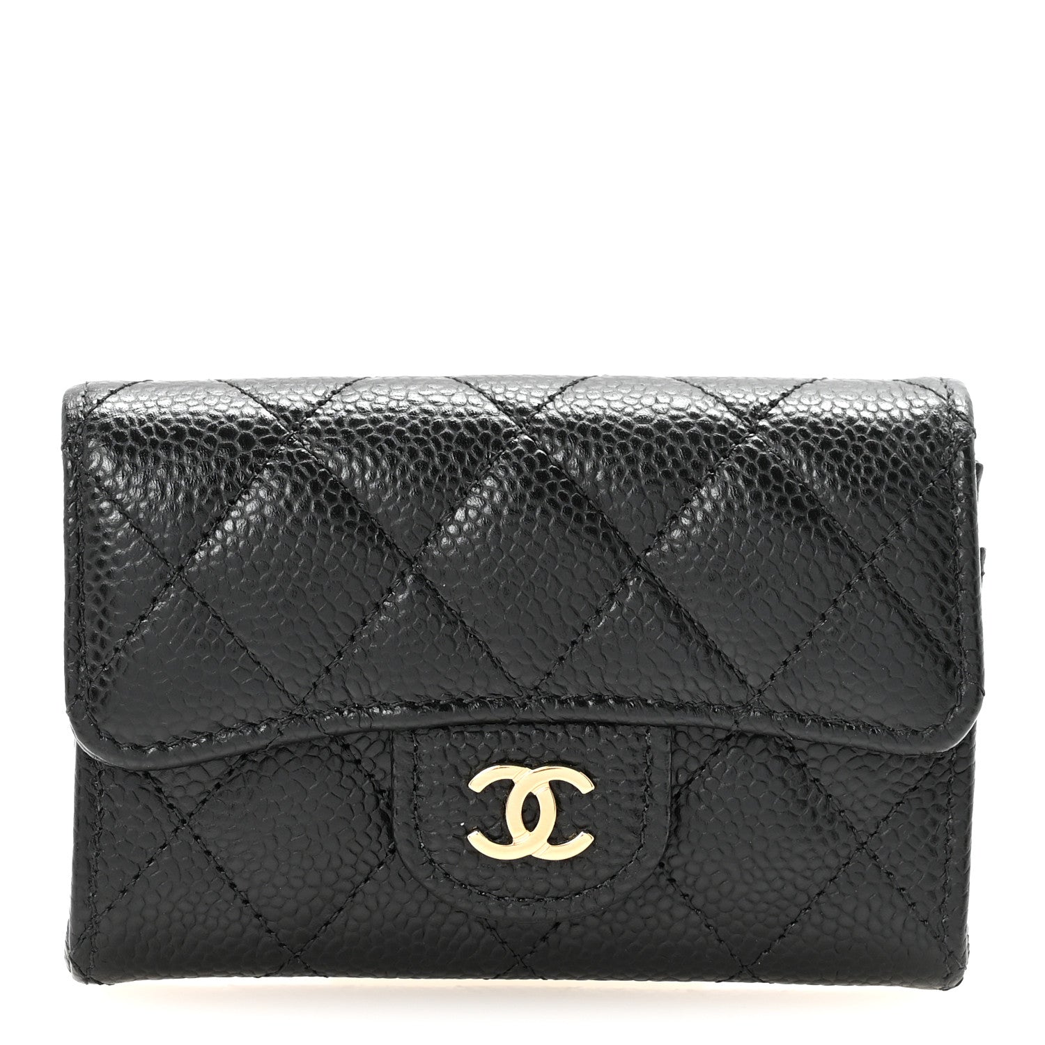 Caviar Quilted Flap Card Holder Wallet Black