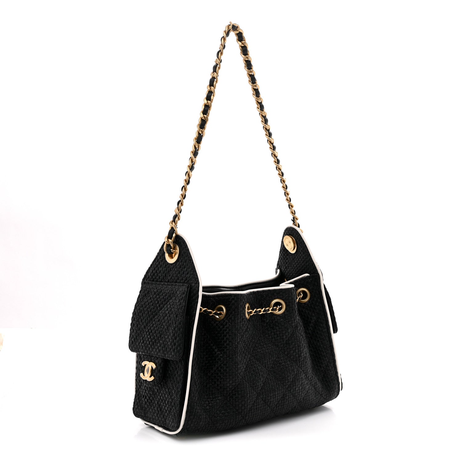Braided Raffia Calfskin Mini Chanel 25 Handbag Black White