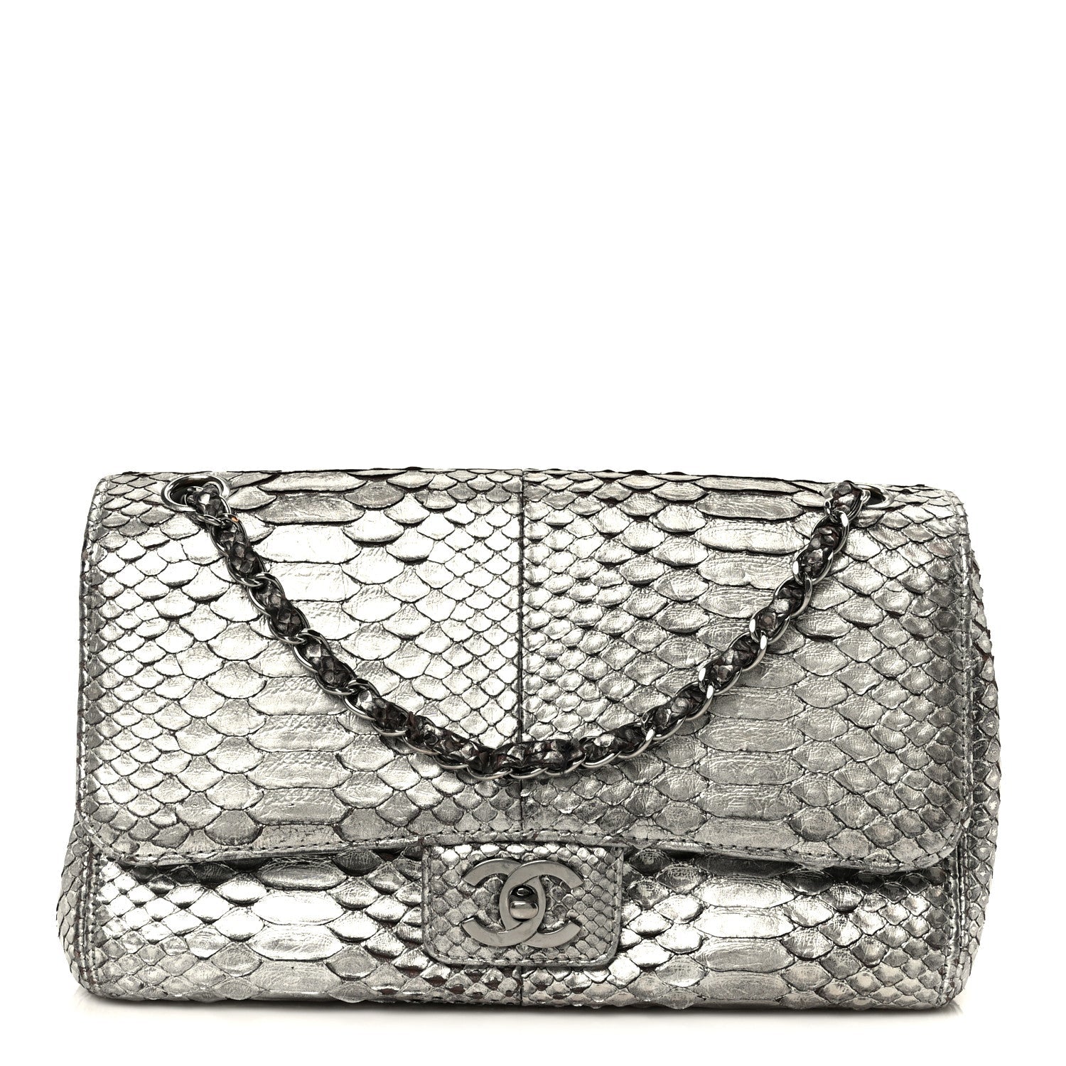 Metallic Snakeskin Medium Single Flap Silver