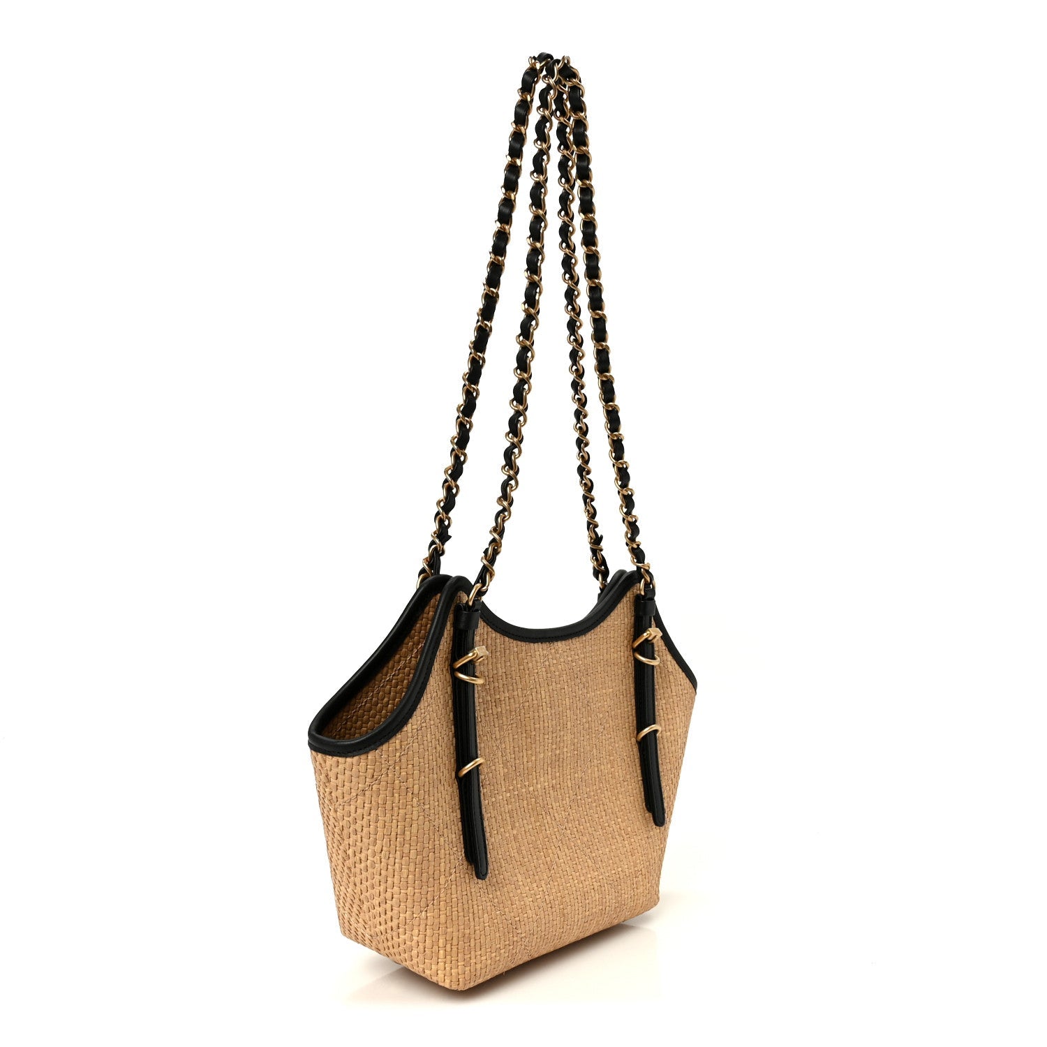 Braided Raffia Stitched Small Shopping Bag Dark Beige Black
