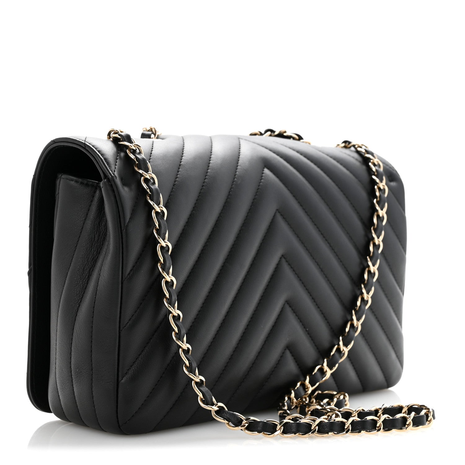 Calfskin Chevron Quilted Large Statement Flap Black
