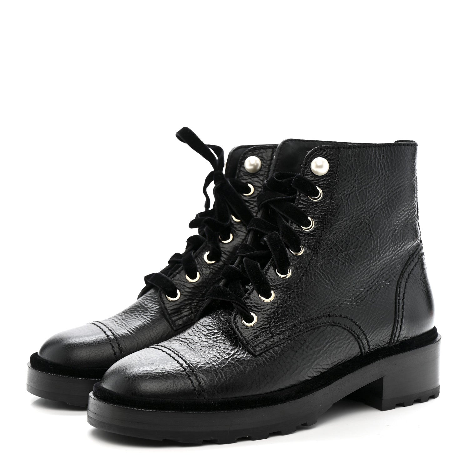 Shiny Calfskin Velvet Pearl Combat Short Boots 38 Black