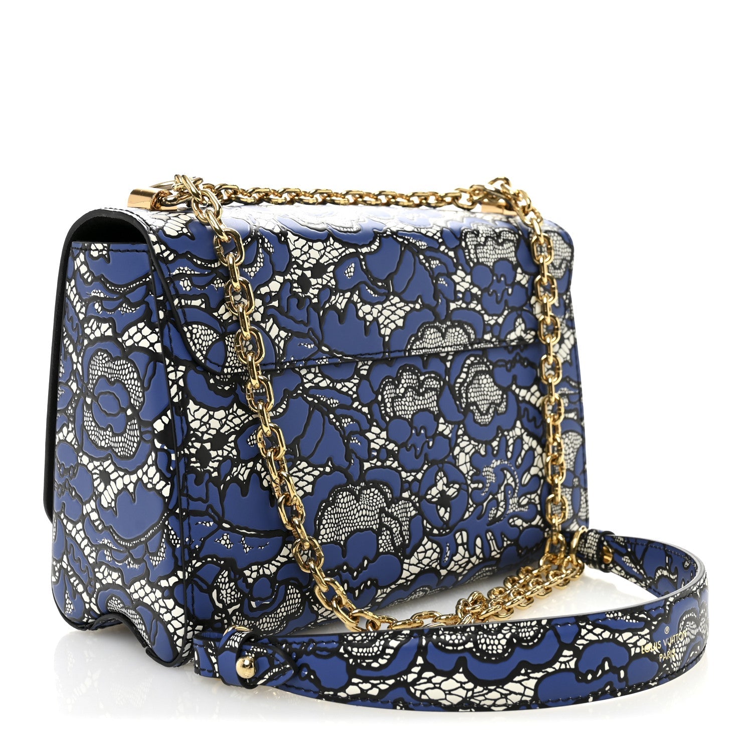 Calfskin Lace Flower Inlay Twist Shoulder Bag MM Navy Black