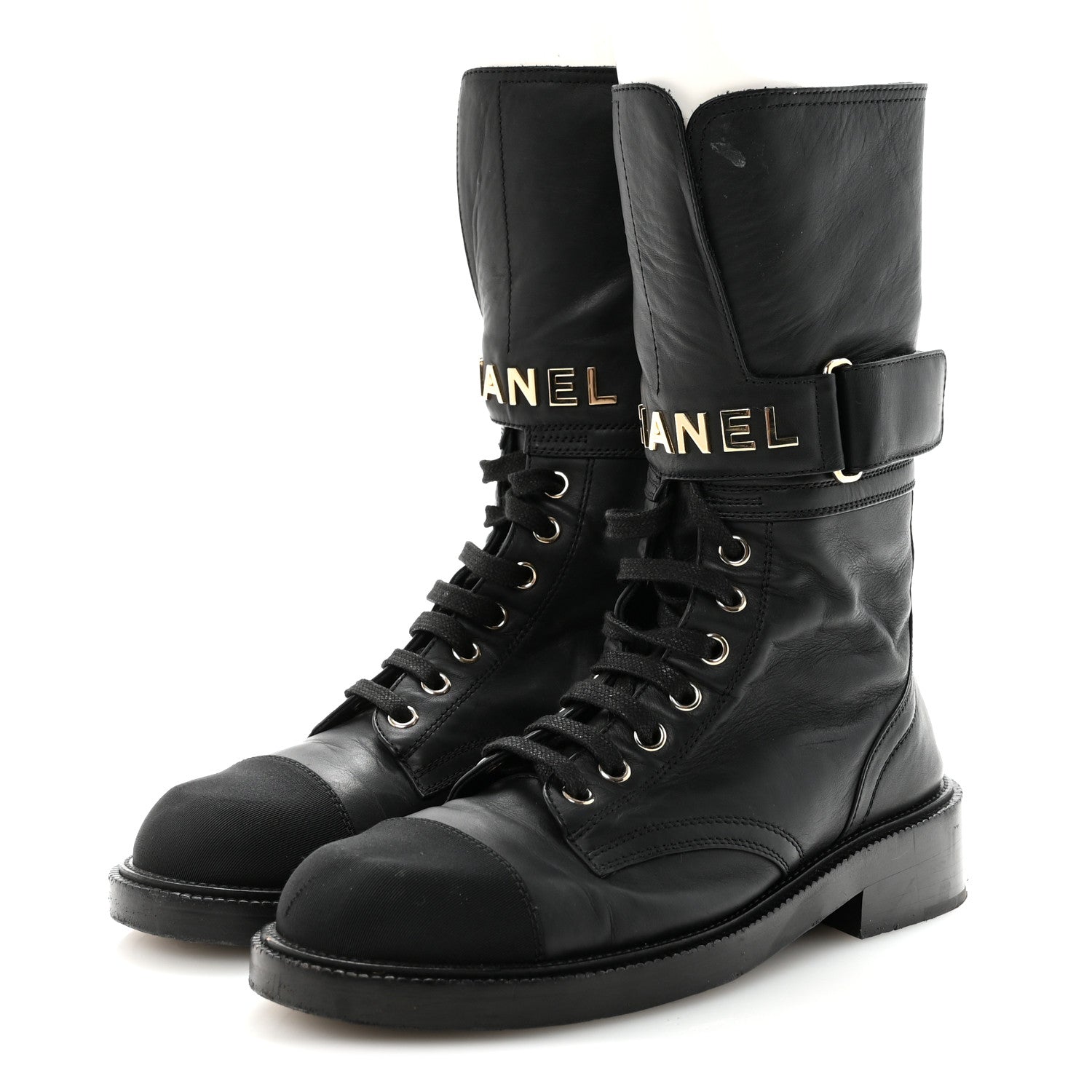 Shiny Calfskin Lace Up Combat Boots 37 Black