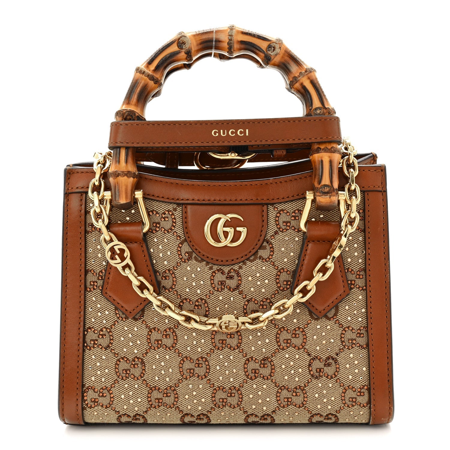 New Canvas Charisma Calfskin Crystal GG Monogram Mini Diana Tote Bag Camel Ebony