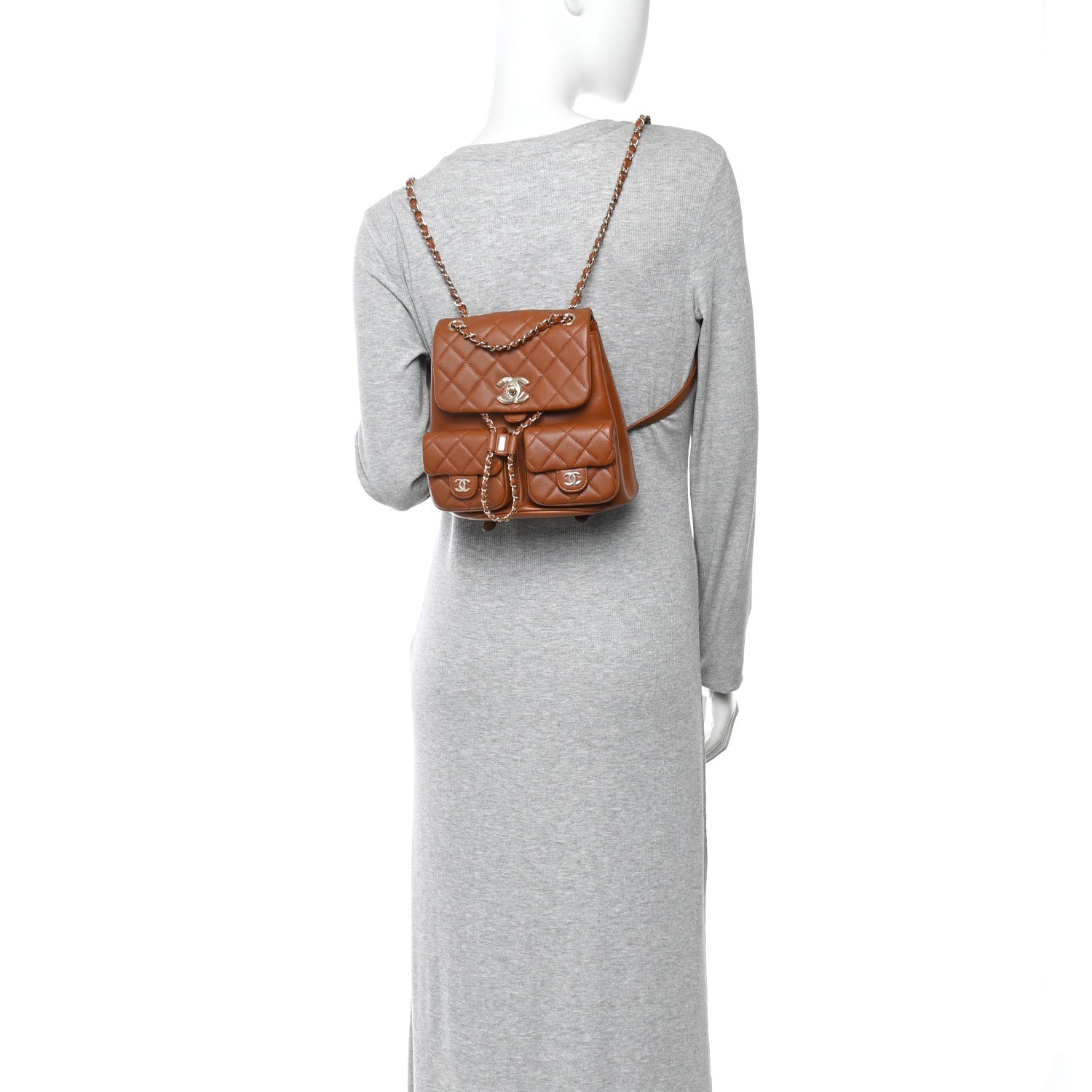 Calfskin Quilted Medium Duma Pockets Drawstring Backpack Light Brown
