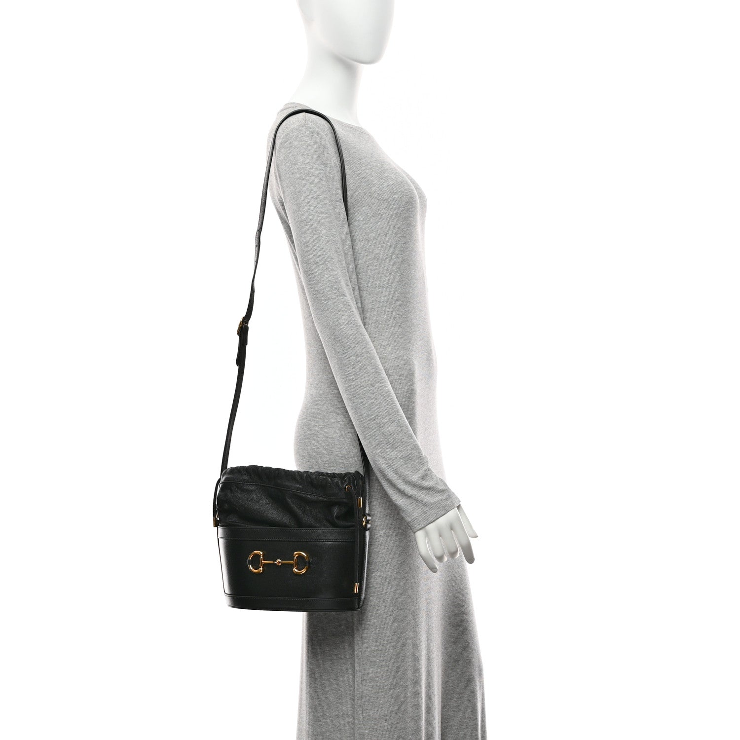 Azalea Sakai Calfskin Horsebit 1955 Drawstring Bucket Bag Black