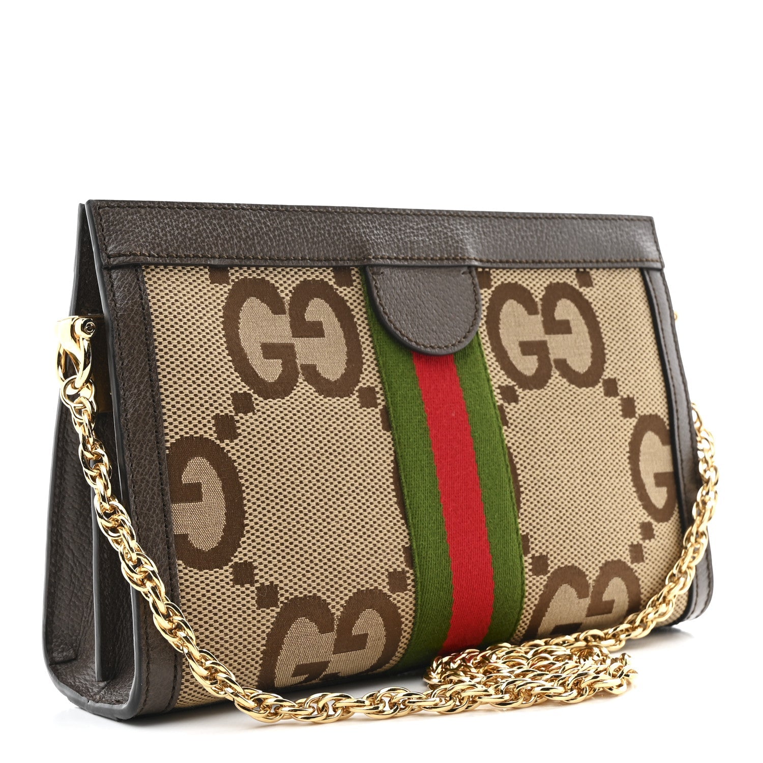Monogram Jumbo GG Textured Dollar Calfskin Web Small Ophidia Chain Shoulder Bag Camel Ebony New Acero