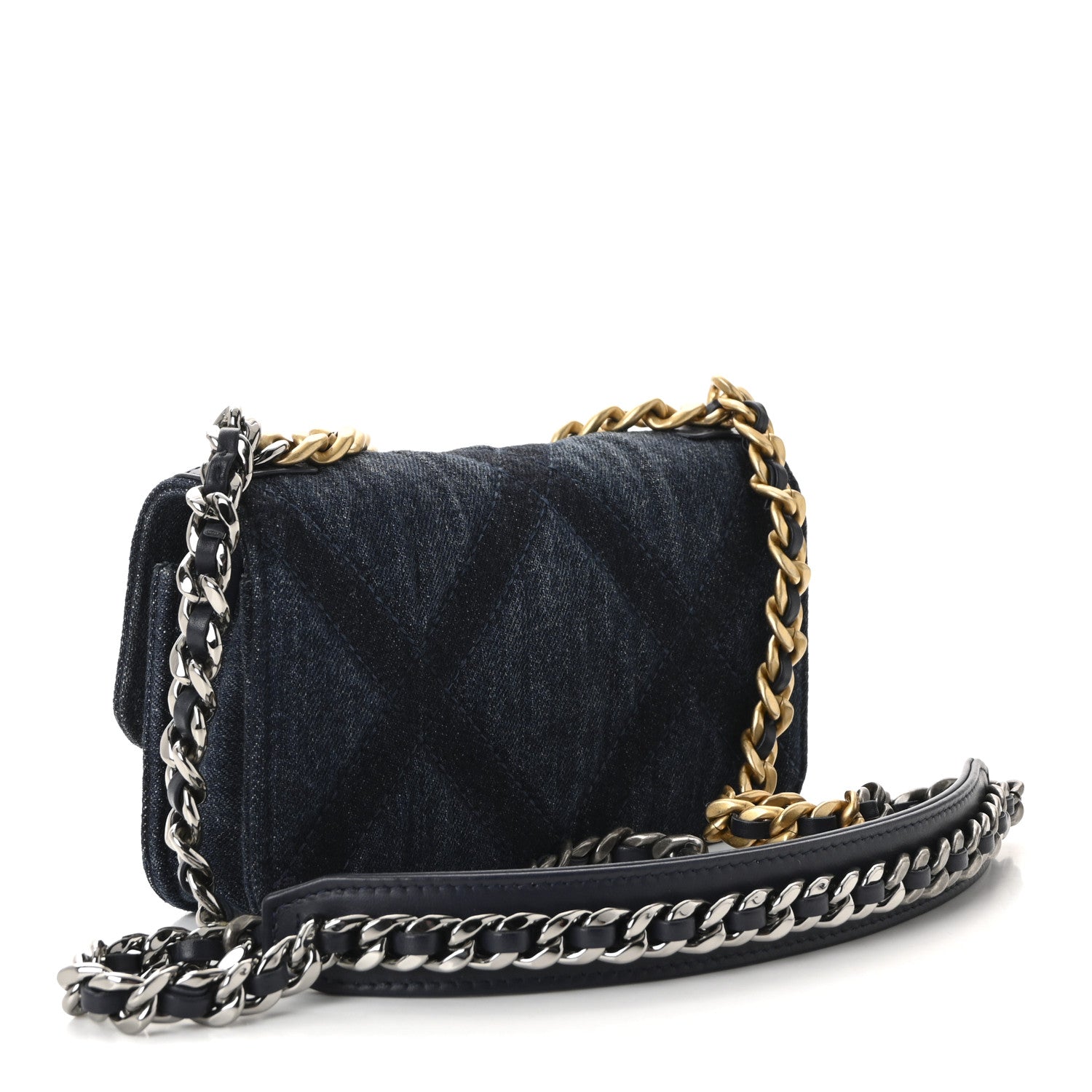 Denim Quilted Chanel 19 Flap Phone Holder With Chain Blue