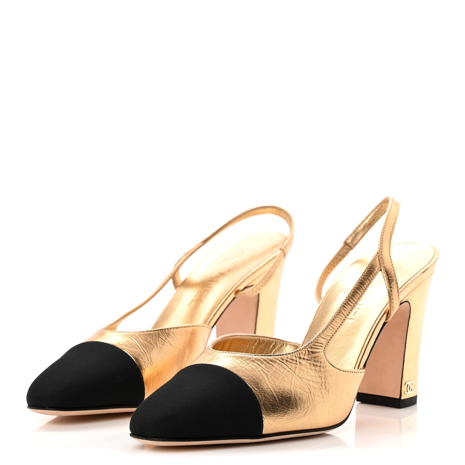 Laminated Crumpled Lambskin Grosgrain Cap Toe CC Slingback Pumps 39.5 Gold Black