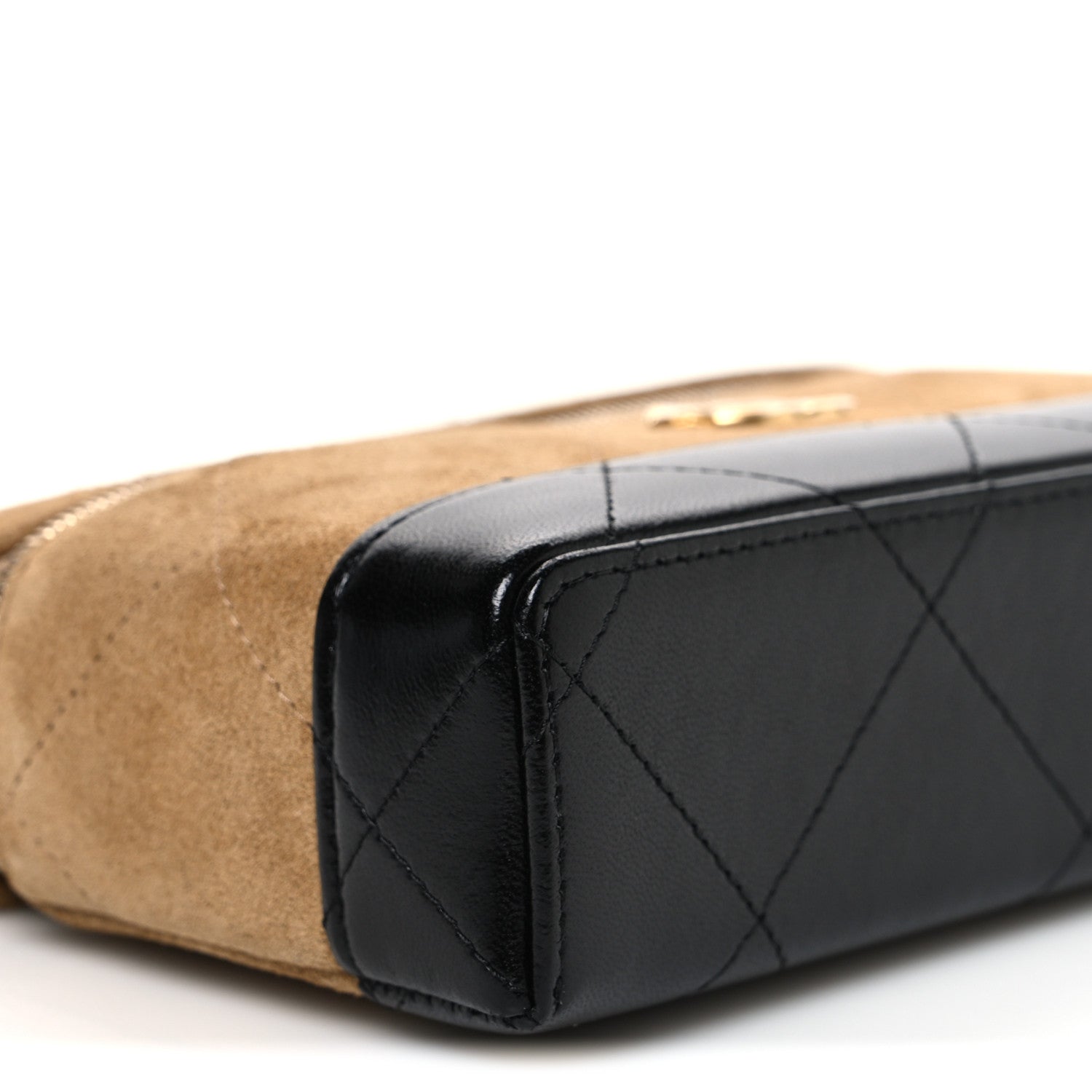 Suede Calfskin Shiny Lambskin Quilted Top Handle Slim Vanity Case With Chain Beige Black