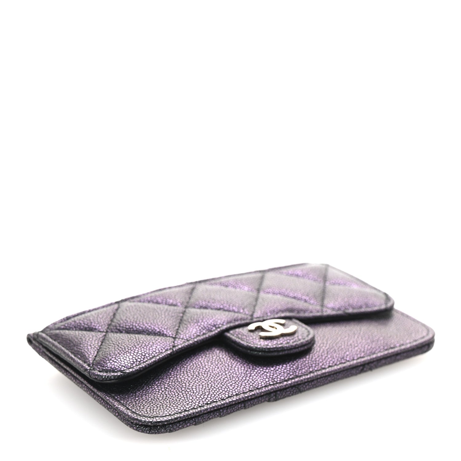 Iridescent Caviar Quilted Flap Zip Card Holder Black