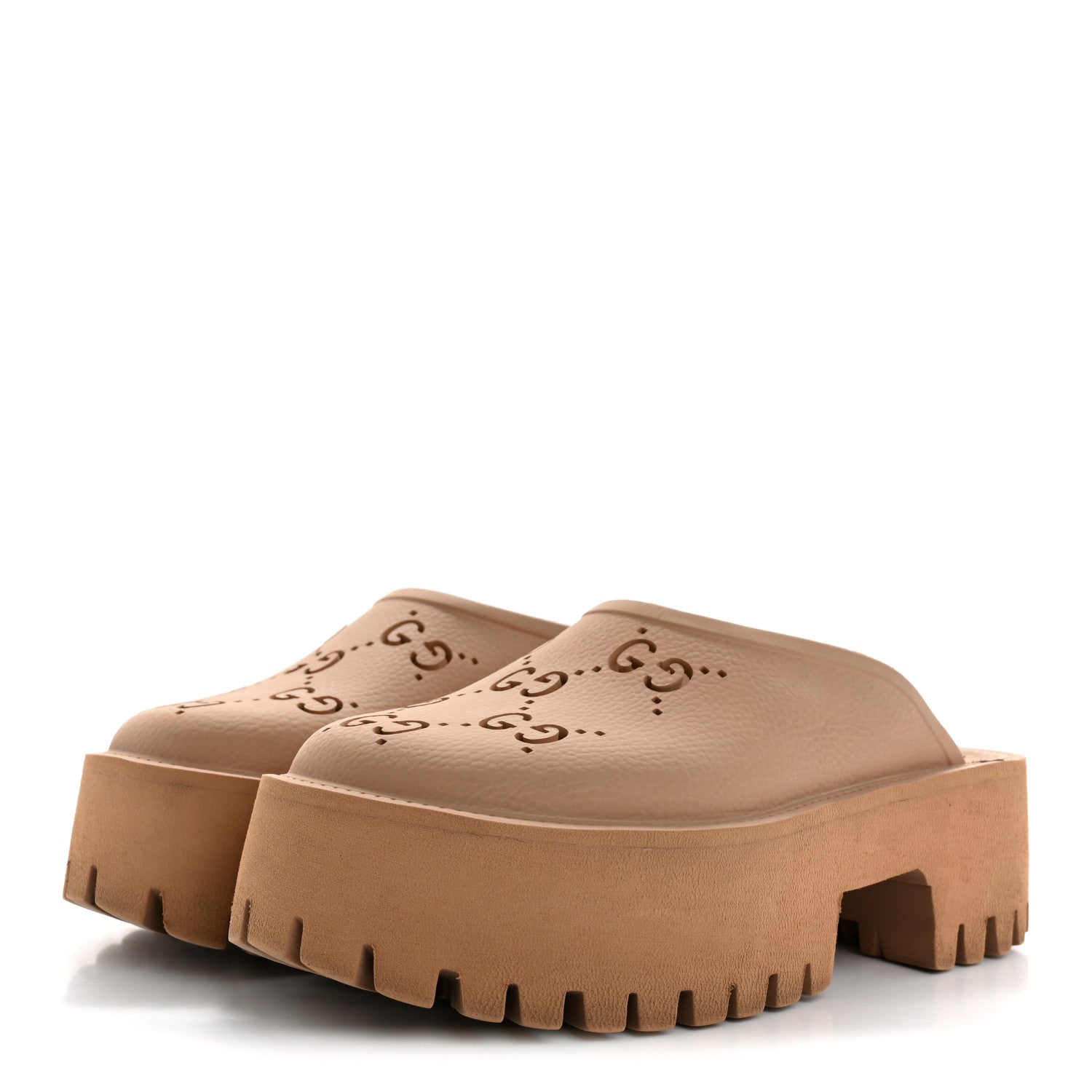 Rubber GG Monogram Perforated Elea Platform 55mm Lug Sole Sandals 36 Vintage Camel