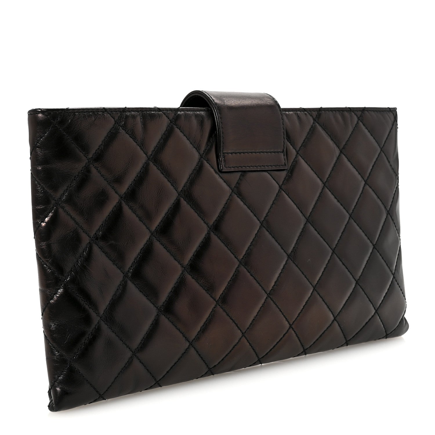 Glazed Calfskin Quilted Coco Pleats Clutch Black