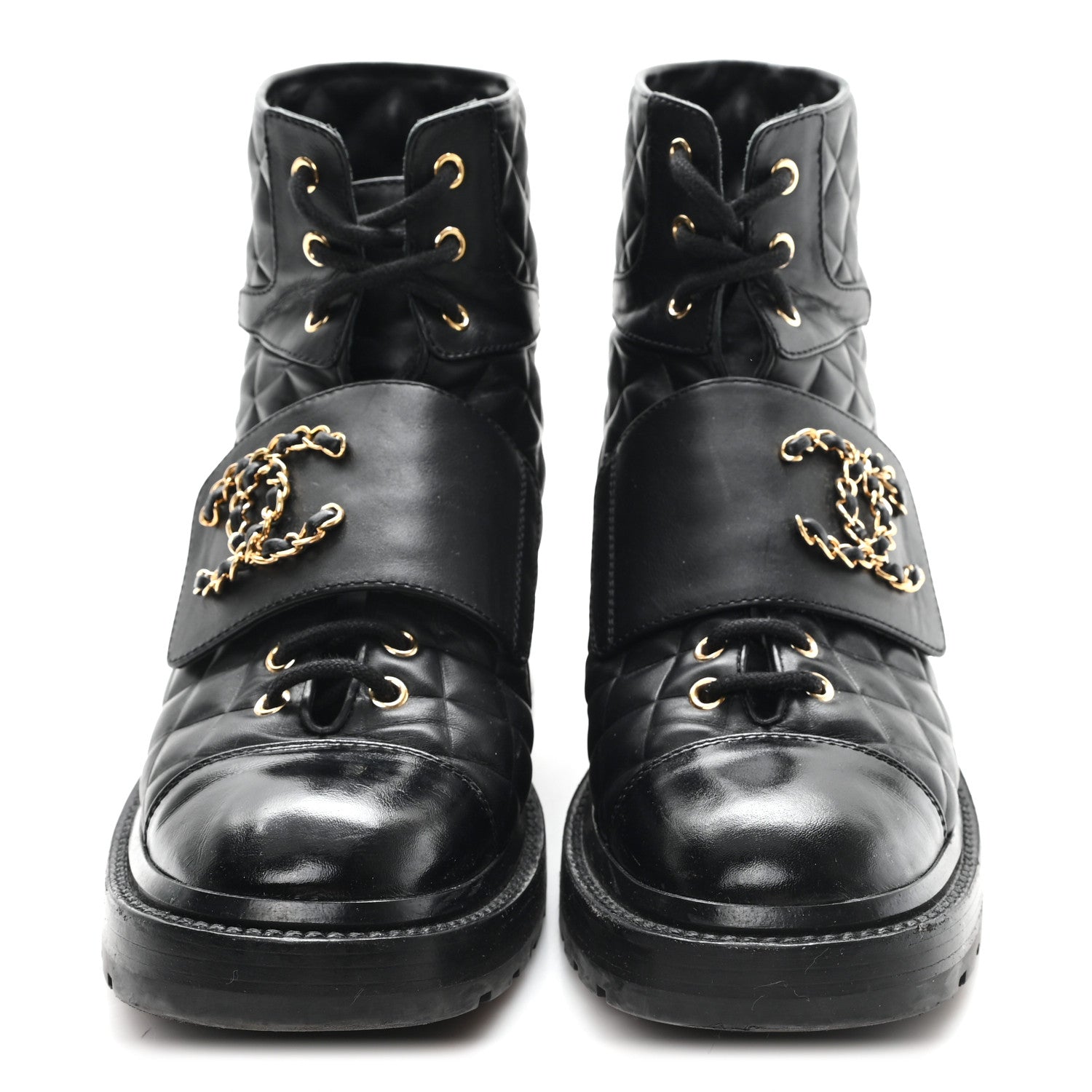 Shiny Calfskin Quilted Lace Up Combat Boots 38.5 Black