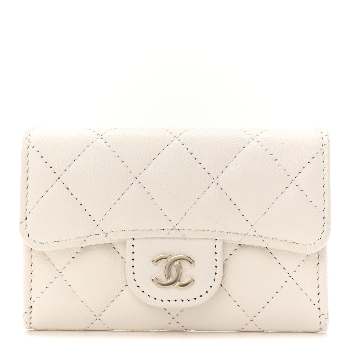 Caviar Quilted Flap Card Holder Wallet White