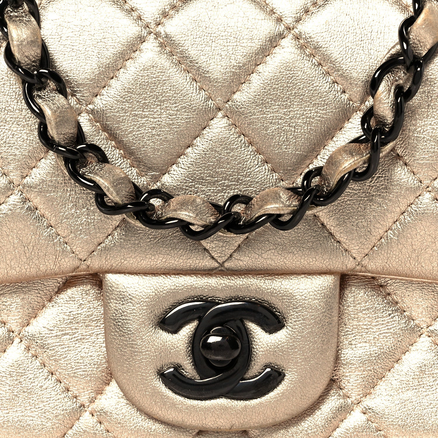 Metallic Lambskin Quilted Mini Square Flap Gold Black
