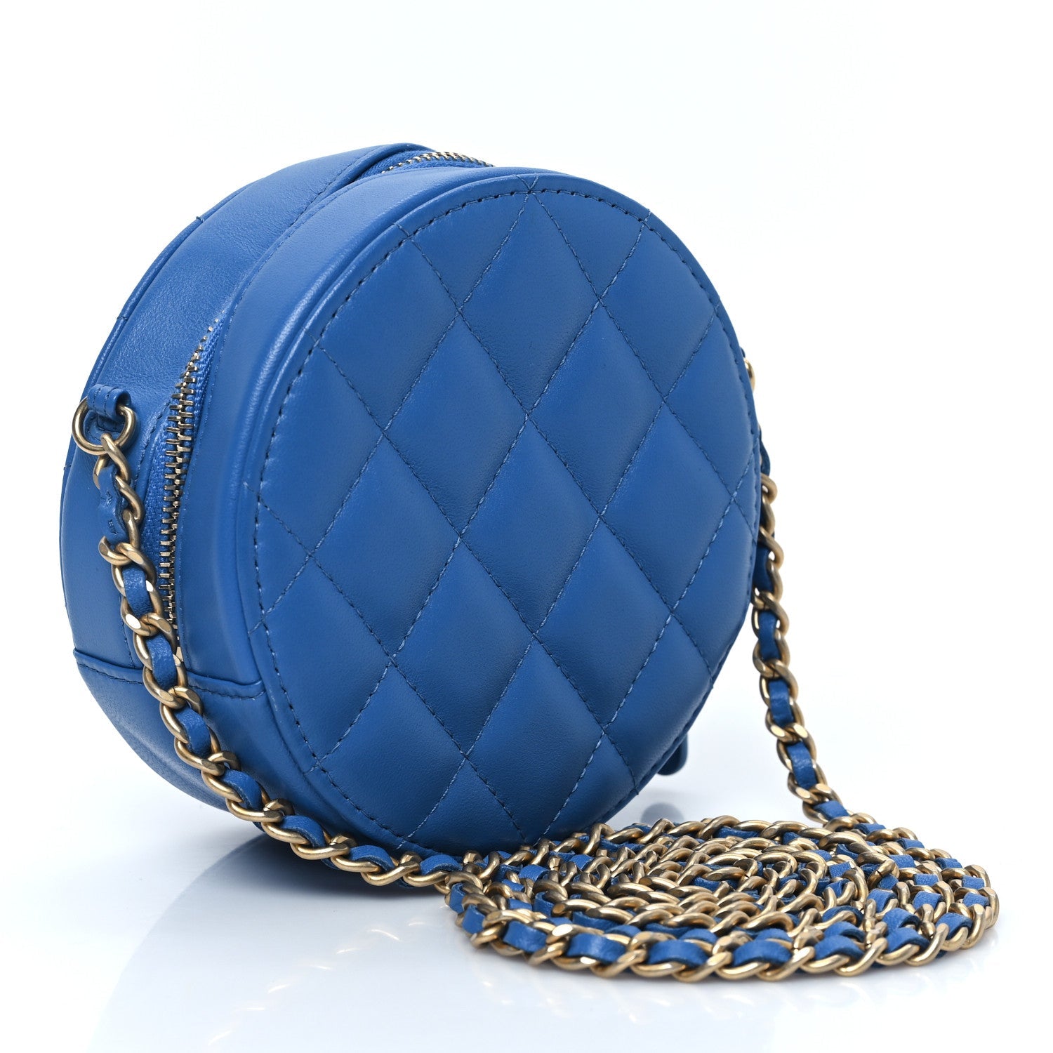 Lambskin Quilted Round Clutch With Chain Blue