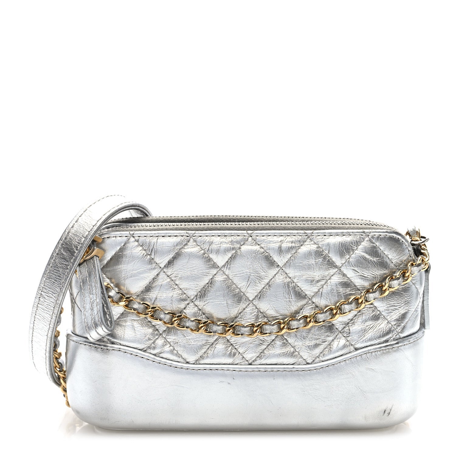 Metallic Lambskin Calfskin Quilted Small Gabrielle Clutch With Chain Silver