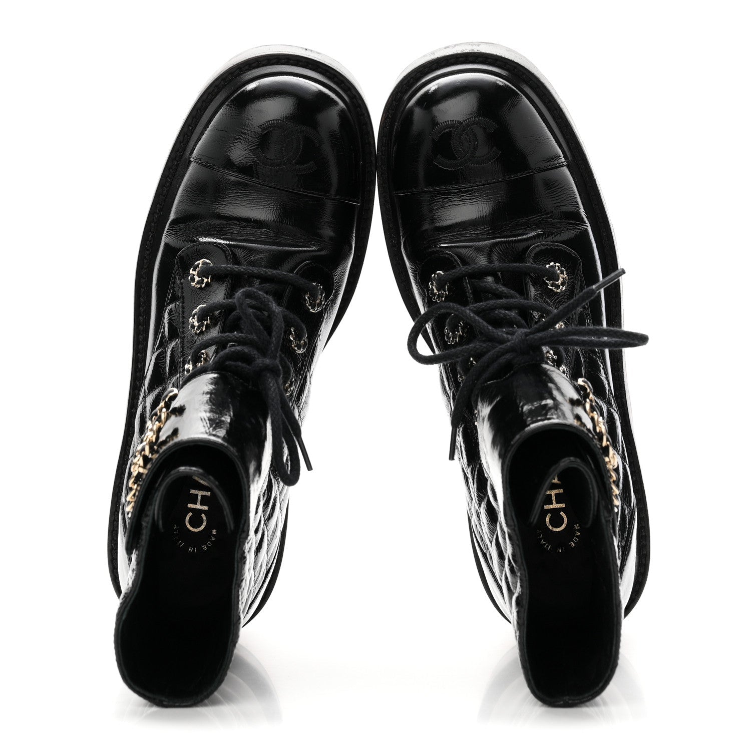 Shiny Lambskin Quilted Lace Up Combat Boots 38 Black
