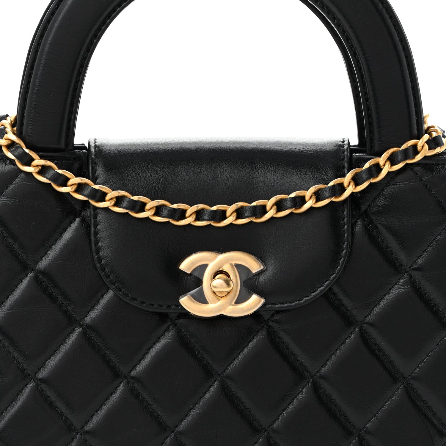 Shiny Aged Calfskin Quilted Nano Kelly Shopper Black
