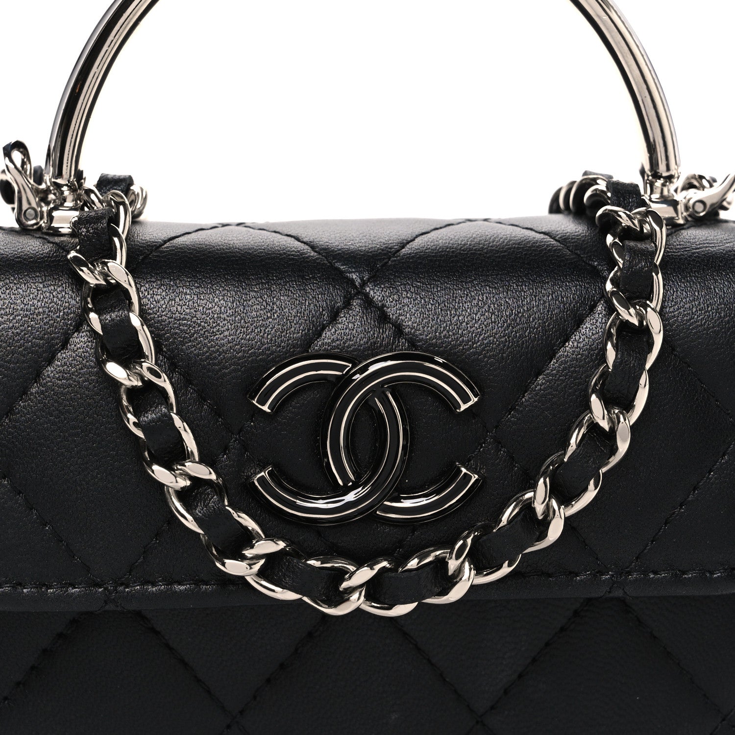 Lambskin Quilted Mini Metal Top Handle Flap Clutch With Chain  Black