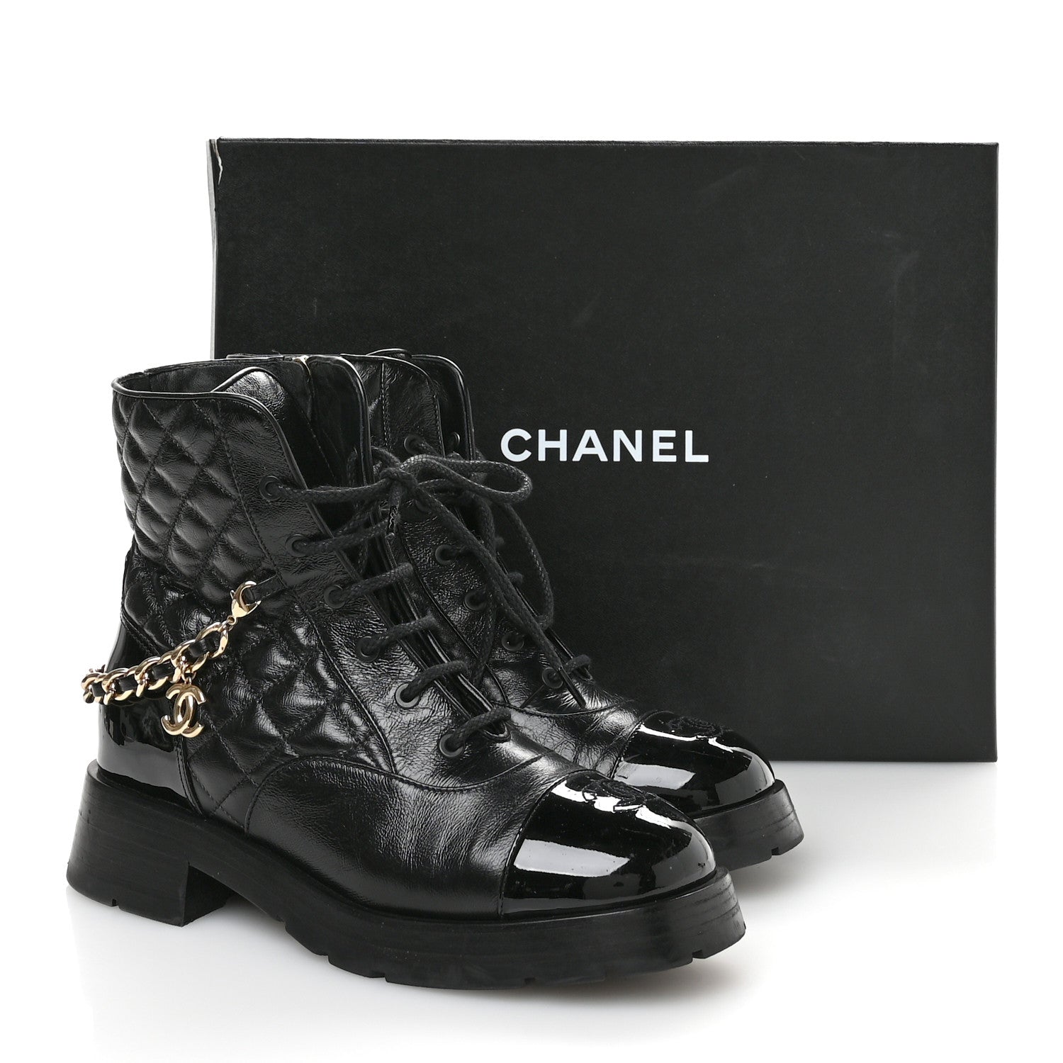 Shiny Calfskin Patent Quilted Chain Lace Up Combat Boots 40 Black