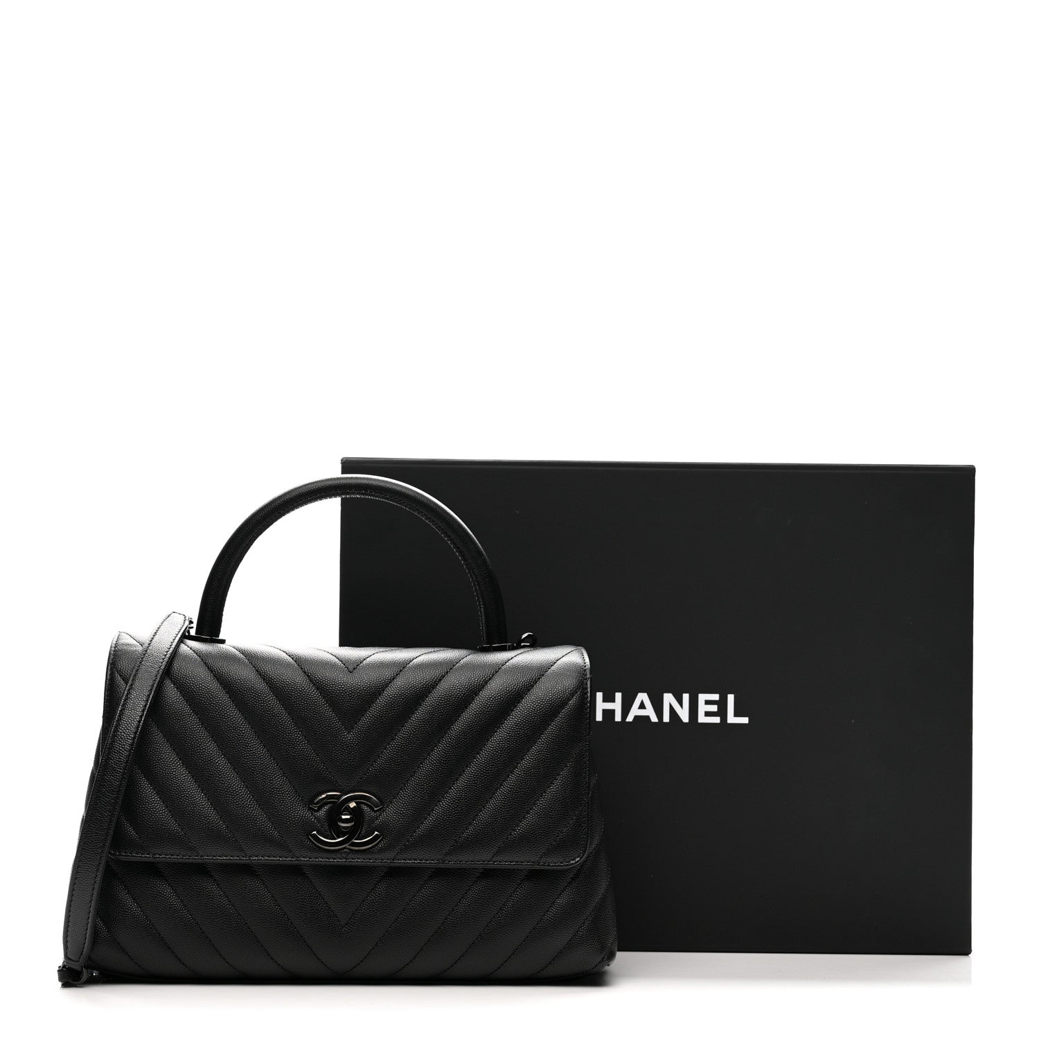 Caviar Chevron Quilted Small Coco Handle Flap So Black