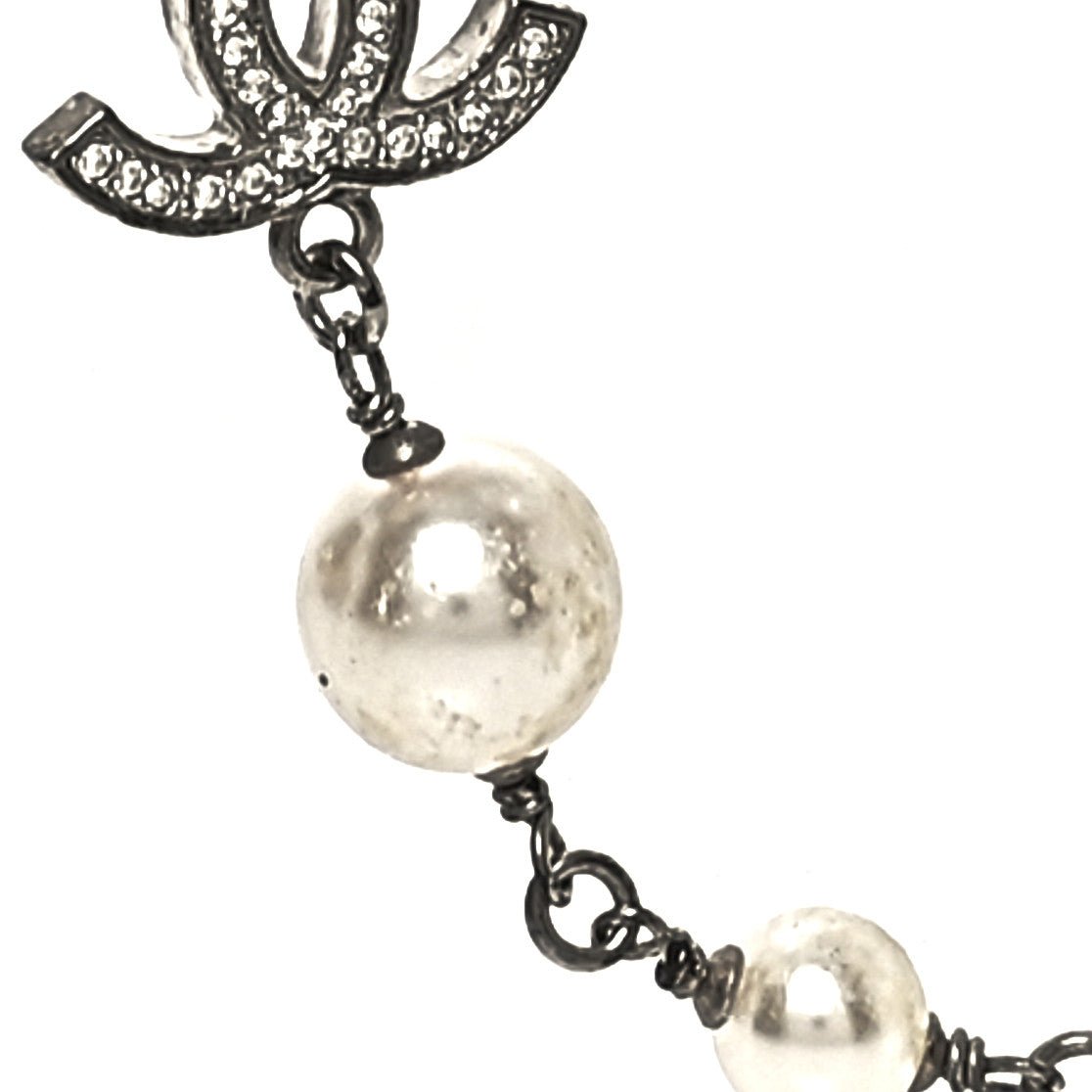 Crystal Pearl CC Long Necklace Silver