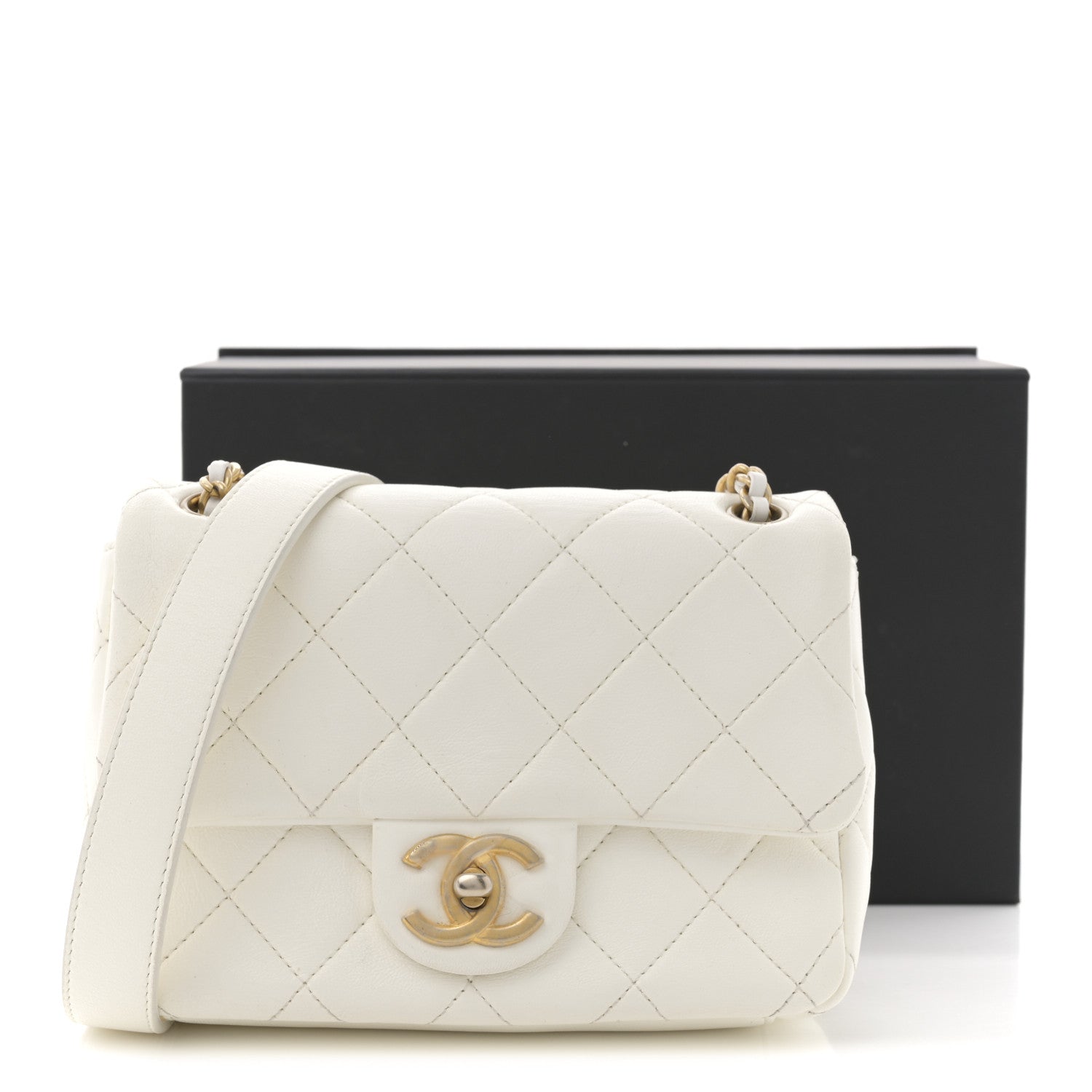 Shiny Lambskin Quilted Mini Flap White