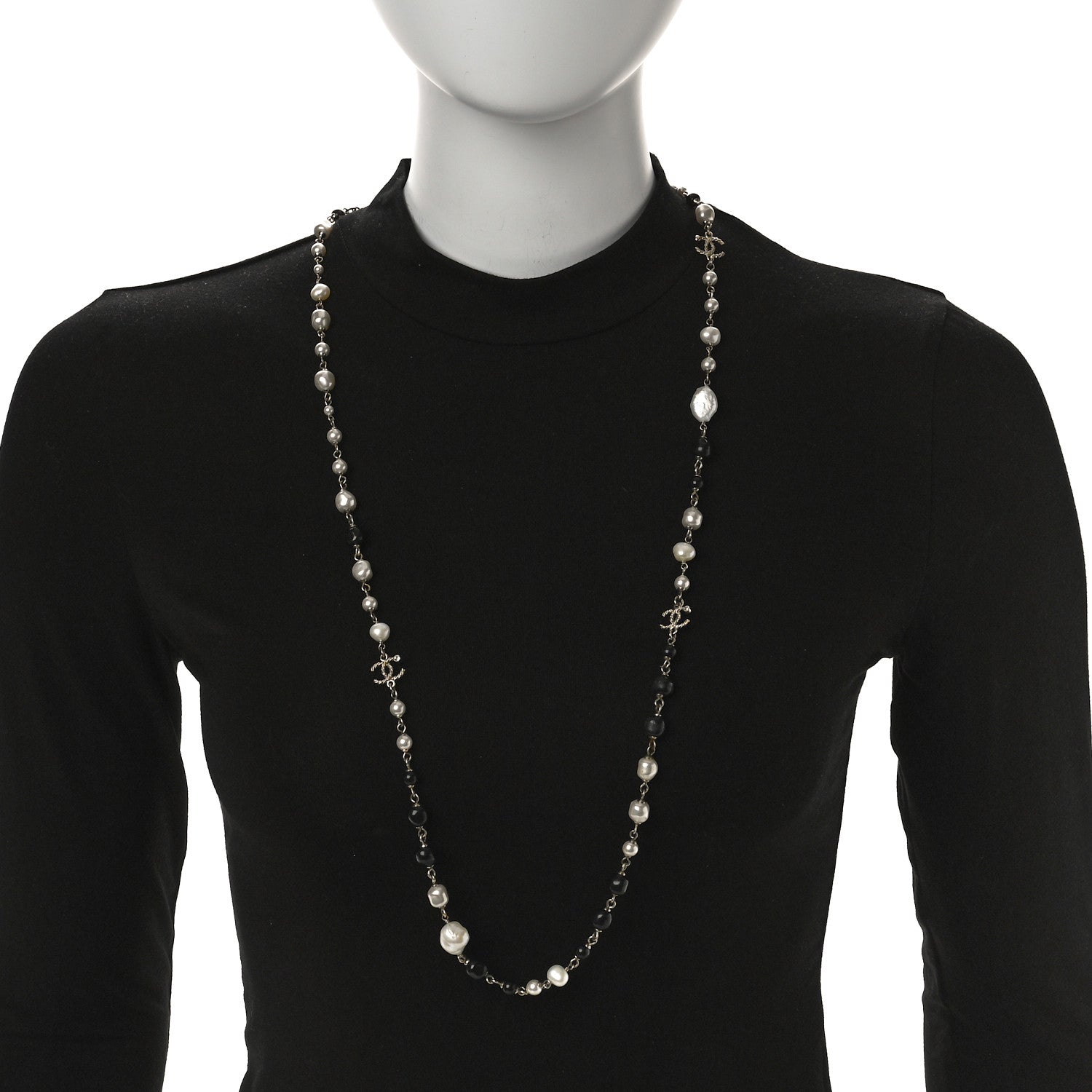 Pearl Beaded Crystal CC Long Necklace Gold Black White