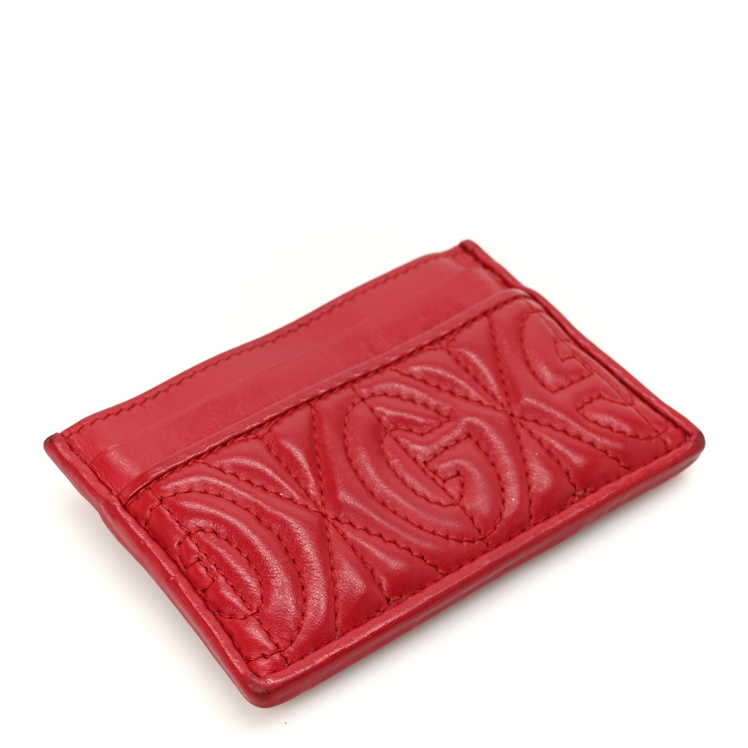 Calfskin G Rhombus Quilted Card Holder Hibiscus Red