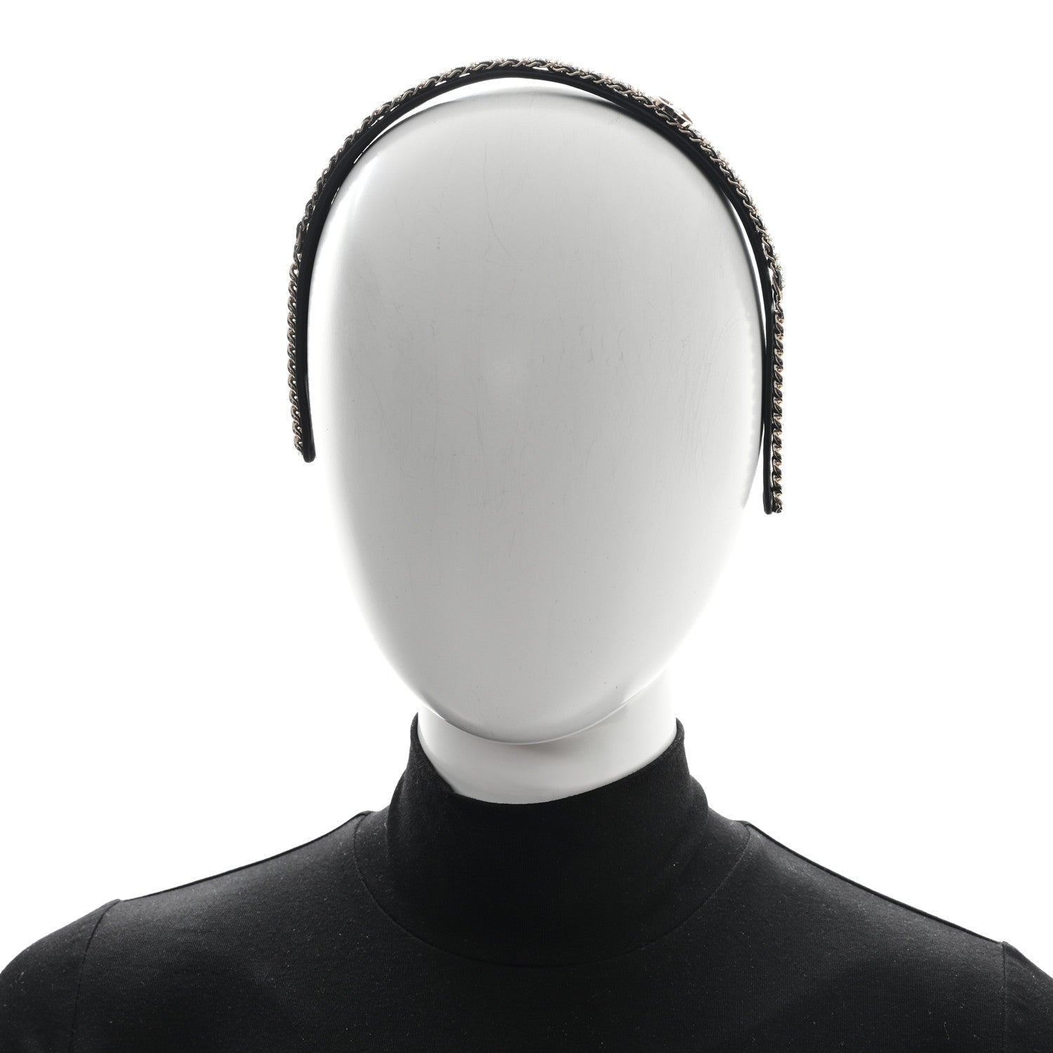 Metal Lambskin Crystal CC Chain Headband Gold Black