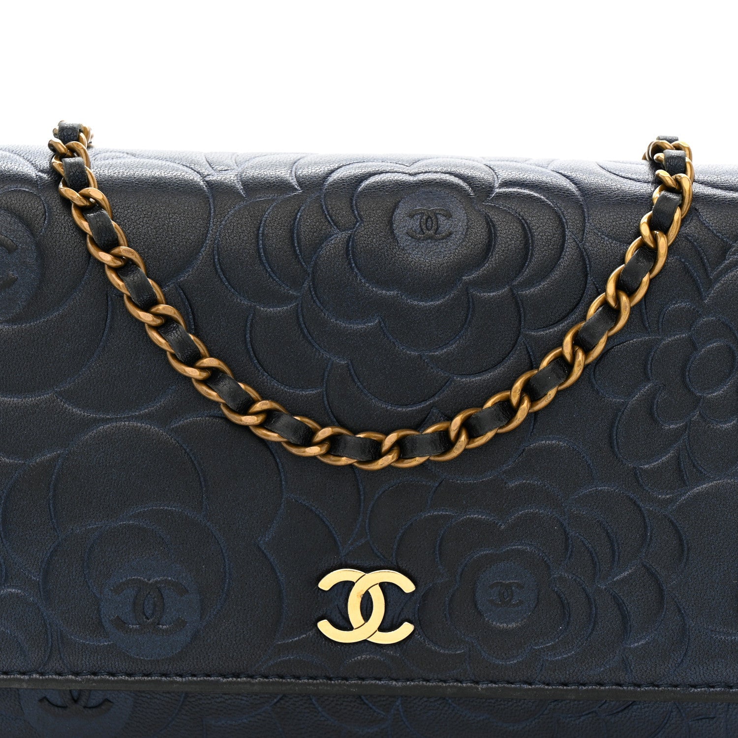 Metallic Lambskin Camellia Embossed Wallet on Chain WOC Navy