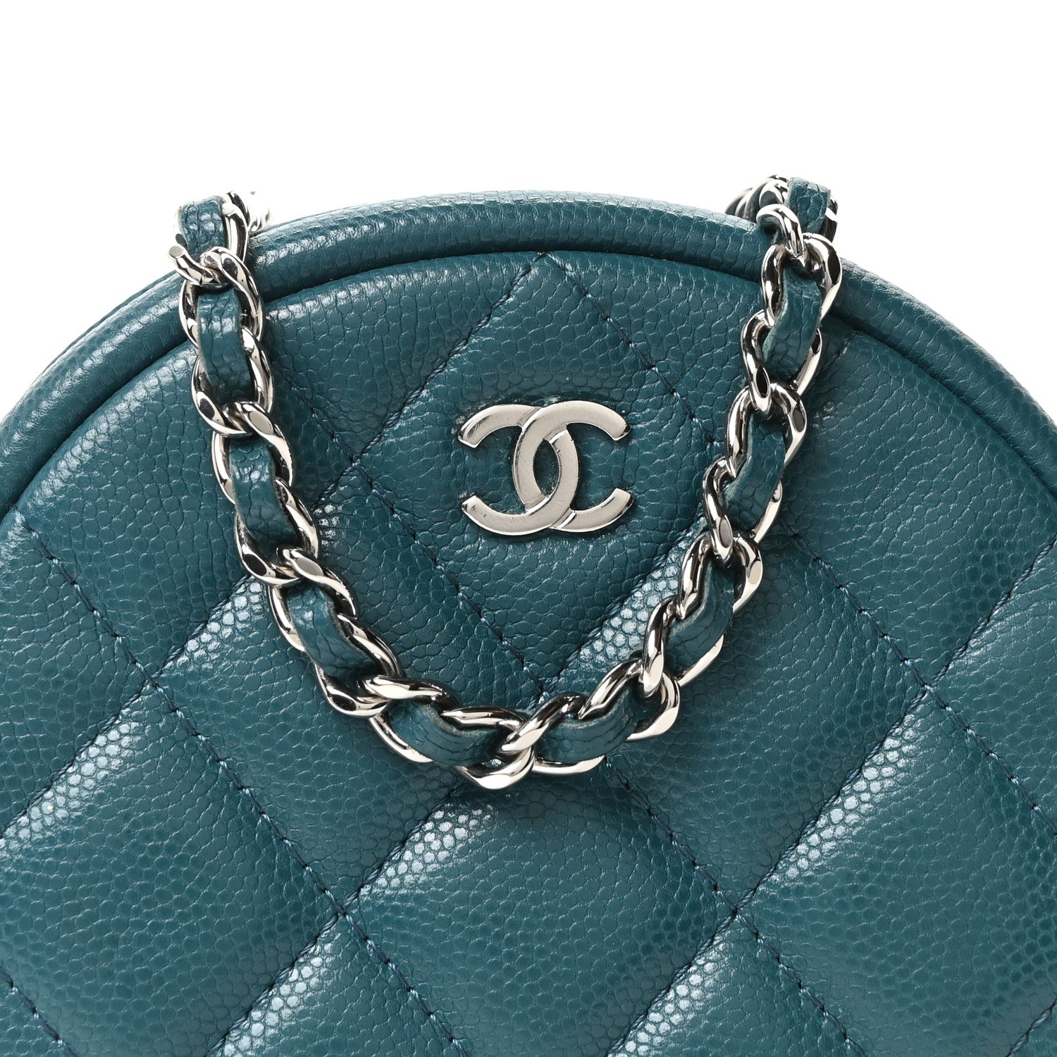 Caviar Quilted Round Clutch With Chain Green