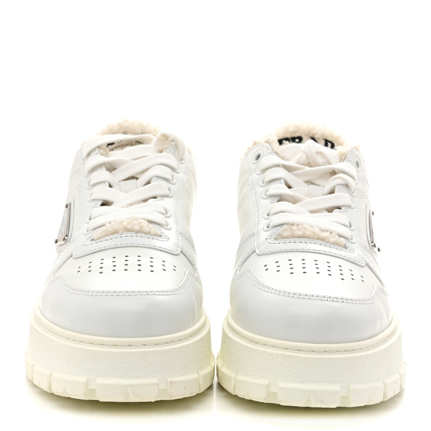Calfskin Shearling Metal Triangle Logo Sneakers 35.5 White