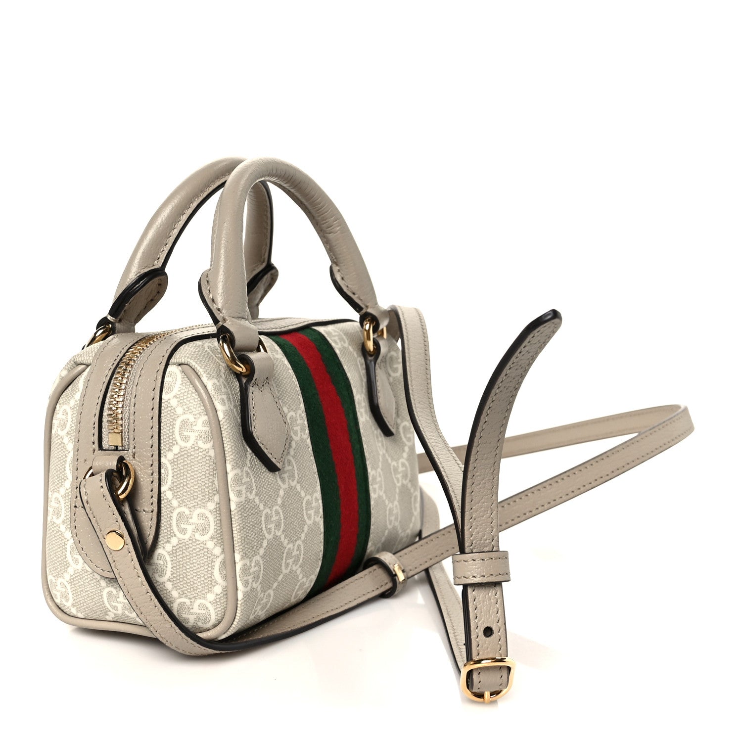 GG Supreme Monogram Textured Dollar Calfskin Web Super Mini Ophidia Top Handle Bowler Bag Beige Mystic White Oatmeal