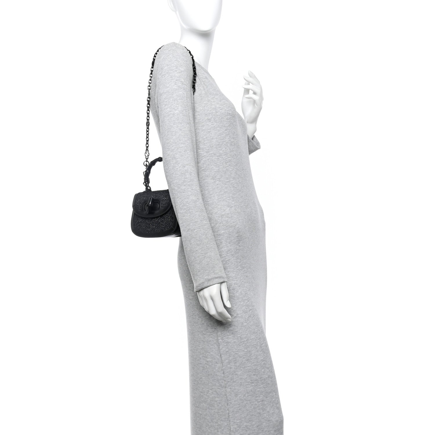 Moire Fabric Calfskin Rhinestone Monogram Monochrome Mini Bamboo 1947 Top Handle Chain Bag Black