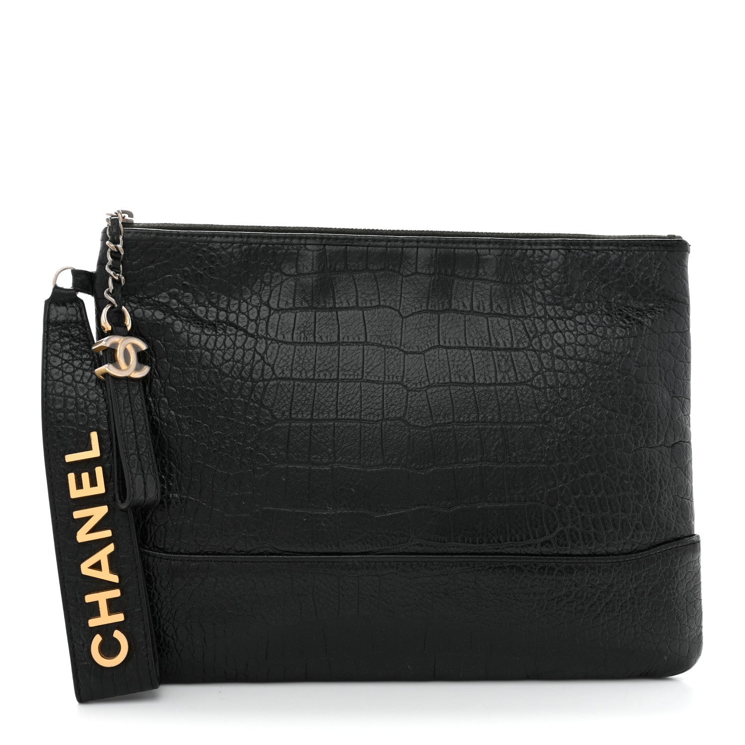 Calfskin Crocodile Embossed Quilted Medium Gabrielle Cosmetic Case Black