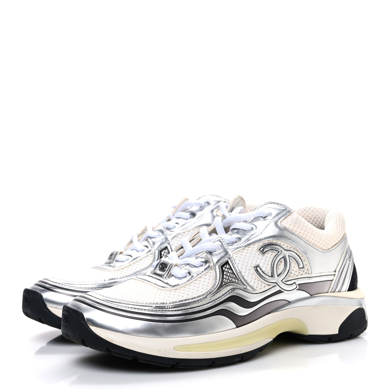 Fabric Laminated Calfskin Stretch CC Womens Sneakers 40 White Silver