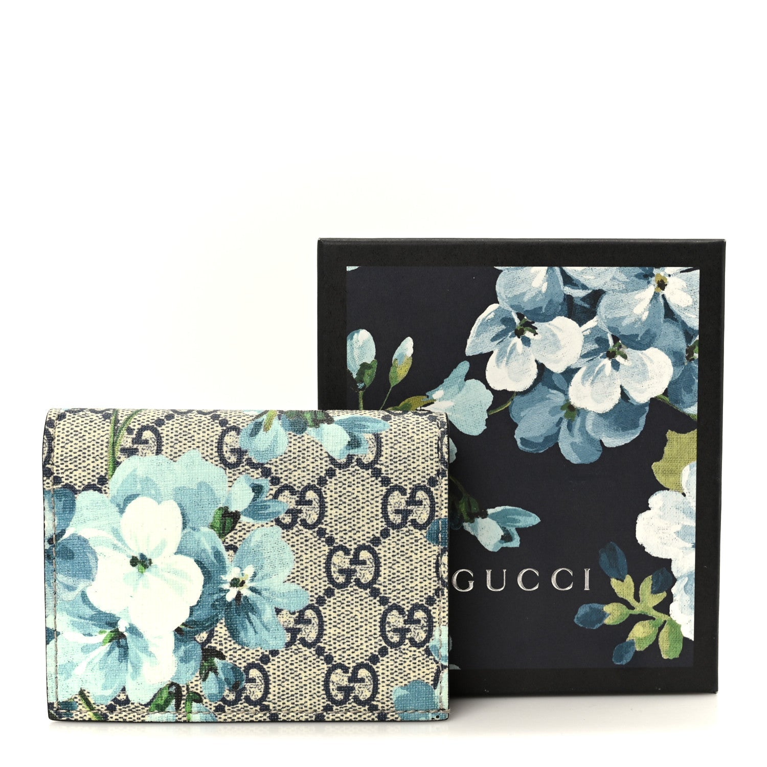 GG Supreme Monogram Blooms Card Case Beige Blue Navy Hibiscus Red