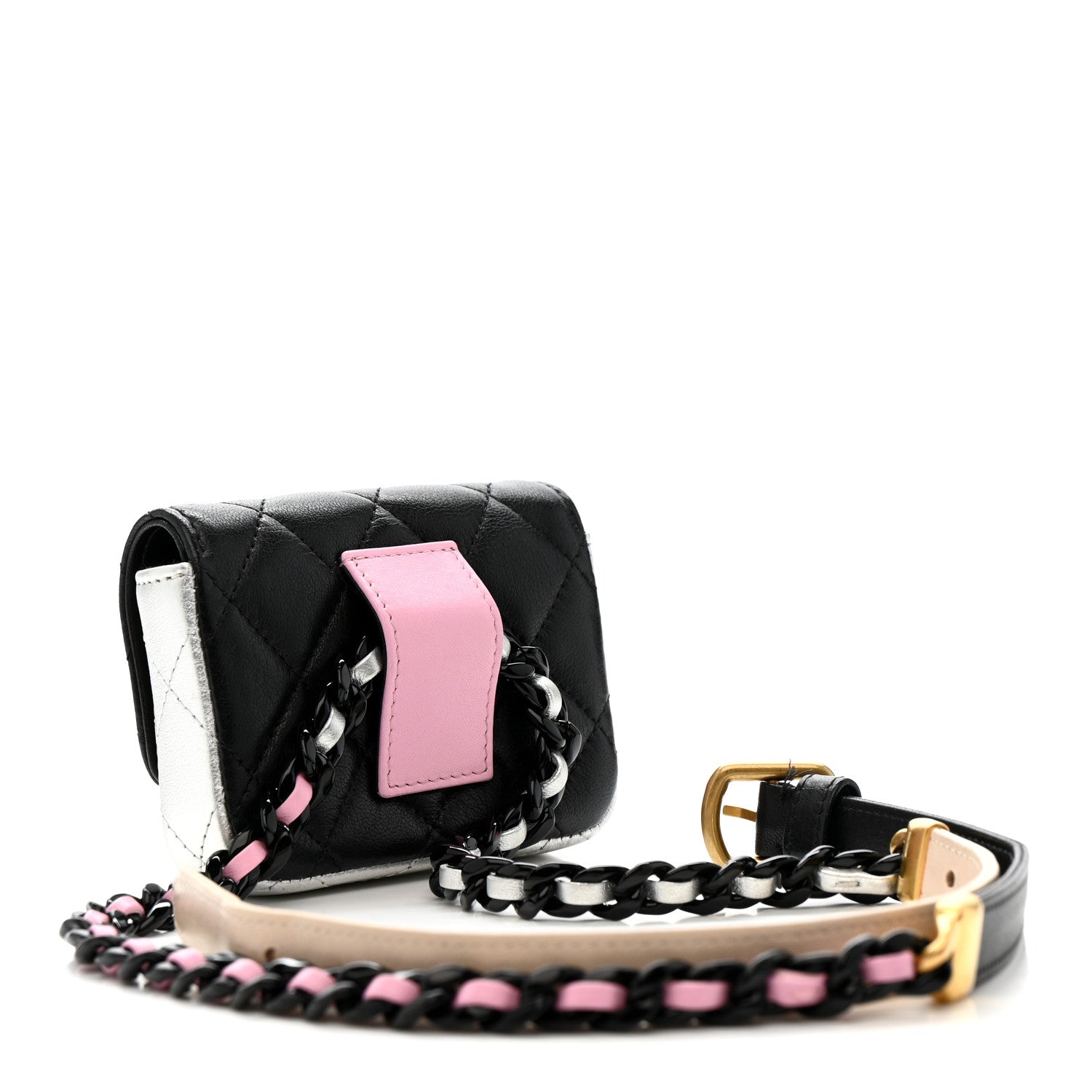 Lambskin Quilted Mini Chain Belt Bag Black Beige Multicolor