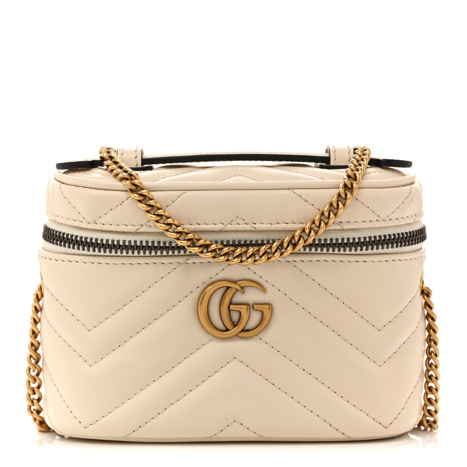 Calfskin Matelasse Chevron Mini GG Marmont Top Handle Bag Mystic White