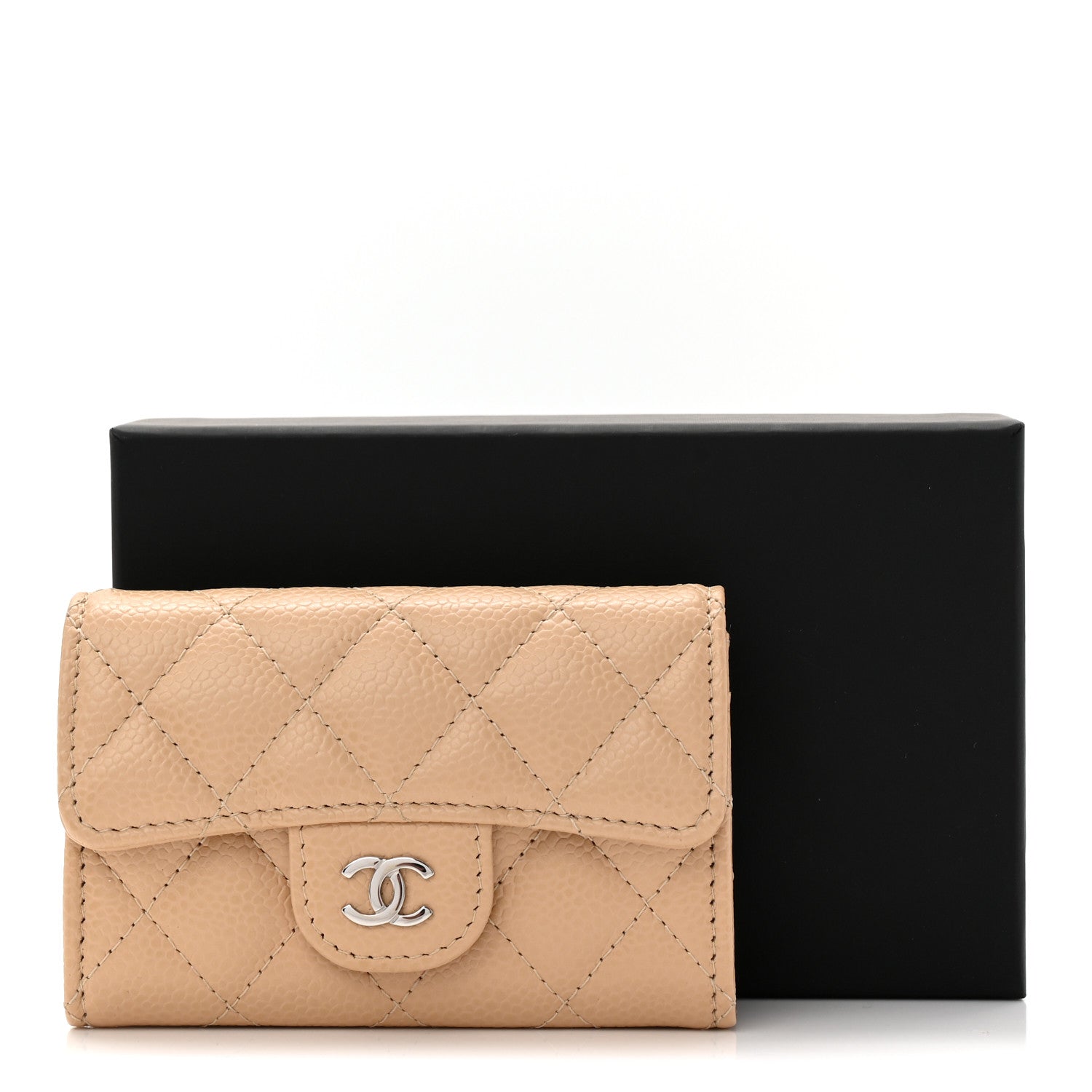 Caviar Quilted Flap Card Holder Wallet Beige